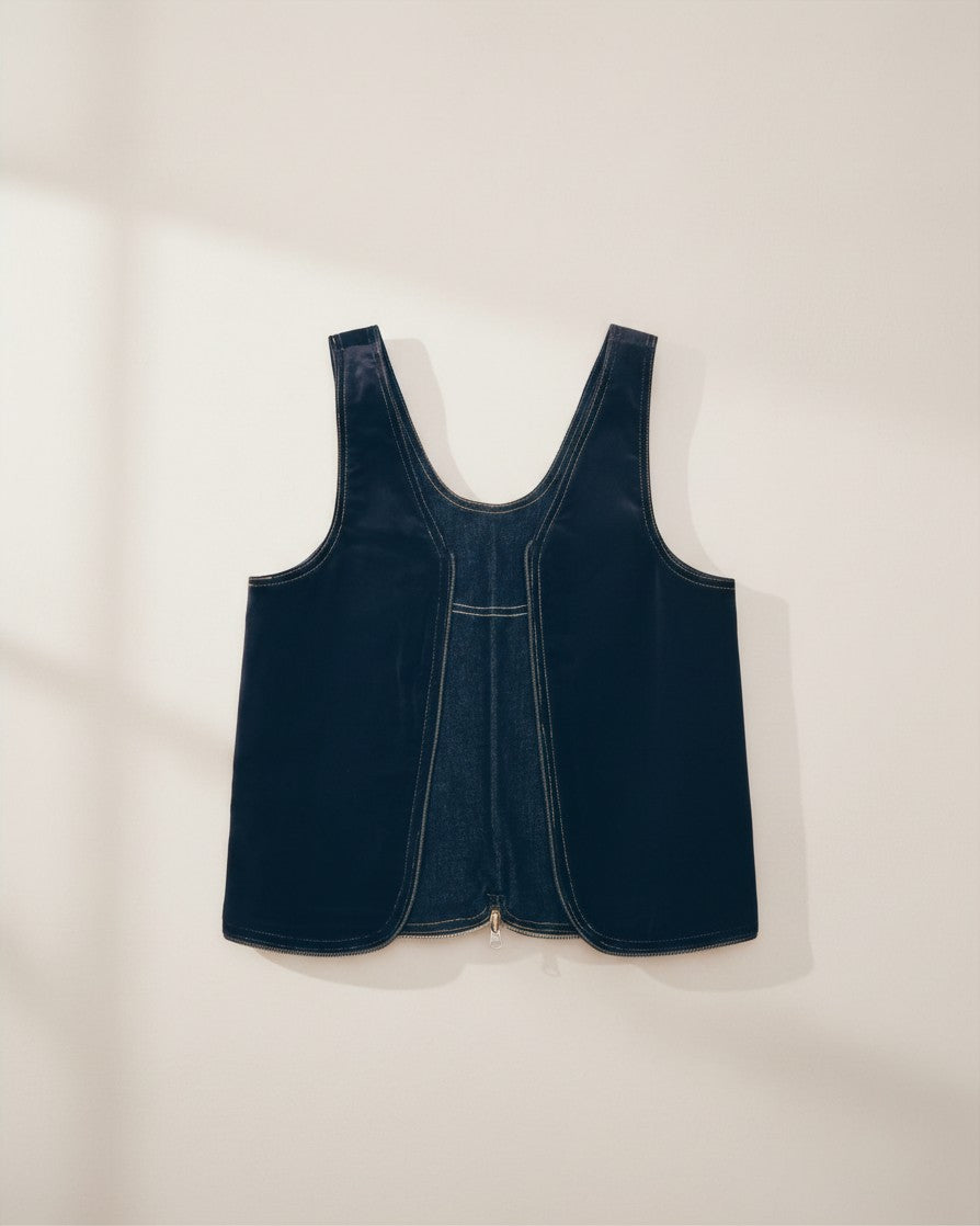 Hue Labs reversible blackout denim vest bag with silver metal zipper, handcrafted from upcycled materials.