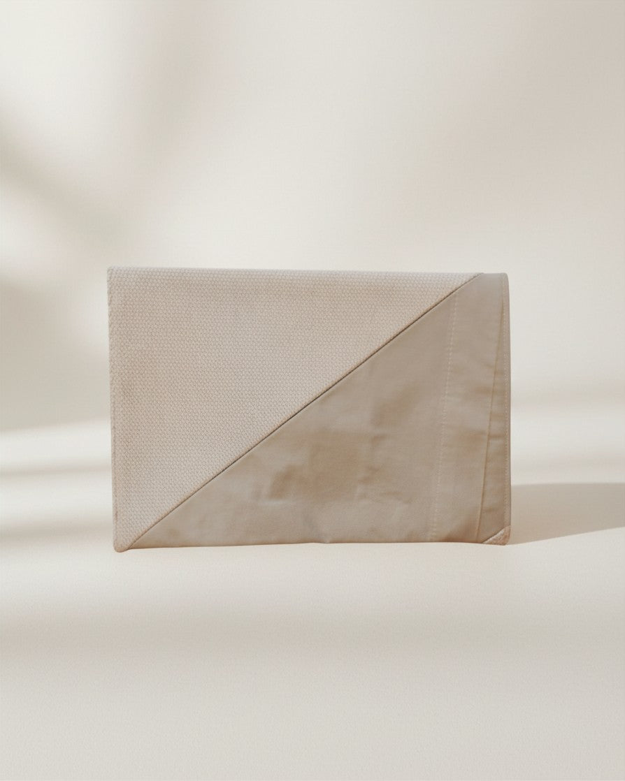 Hue Labs Earth Tones II envelope clutch bag made from sustainable upcycled beige and tan textiles.