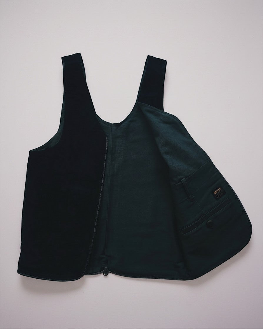 Hue Labs army green reversible vest bag made from upcycled materials with a gun metal silver zipper