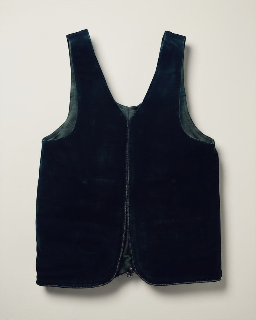 Hue Labs reversible army green vest bag made from upcycled velvet with a gun metal double direction zipper.