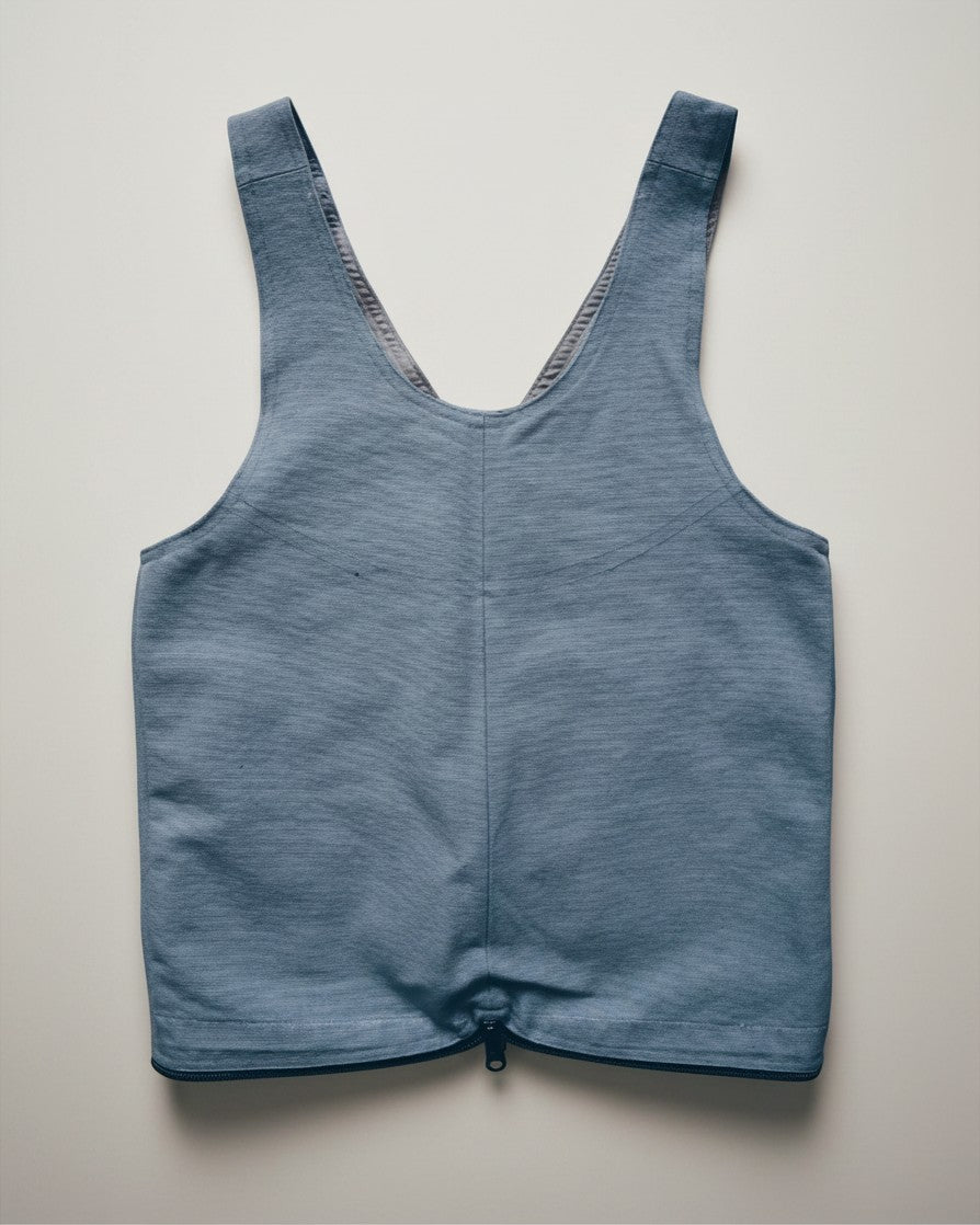 Hue Labs baby blue reversible vest bag handcrafted from upcycled materials with a gun metal silver zipper