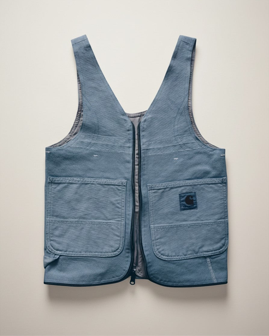 Hue Labs baby blue upcycled vest bag with a gun metal double-direction zipper and front pockets