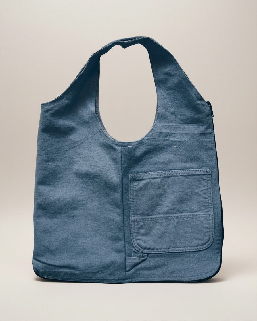Hue Labs baby blue upcycled vest bag with a front pocket and gun metal zipper, shown as a versatile tote.