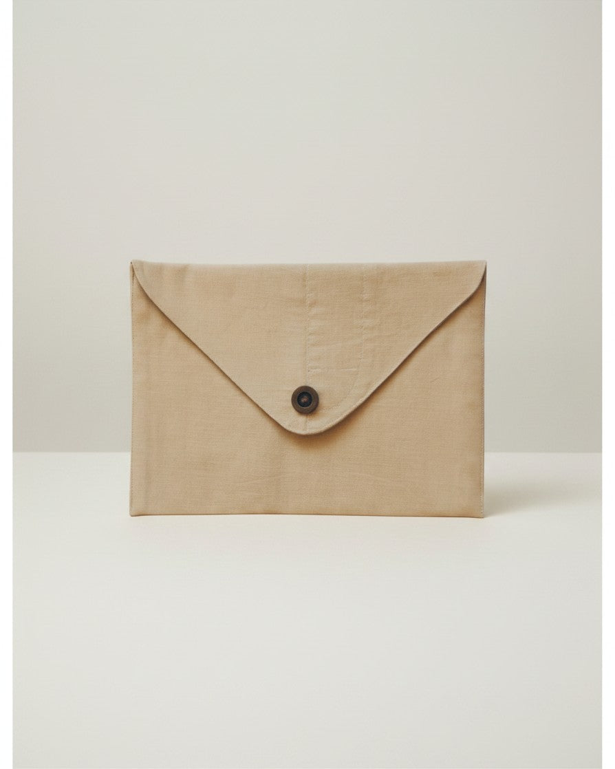 Hue Labs Sage Kiss envelope clutch bag in beige upcycled textile with a magnetic snap closure