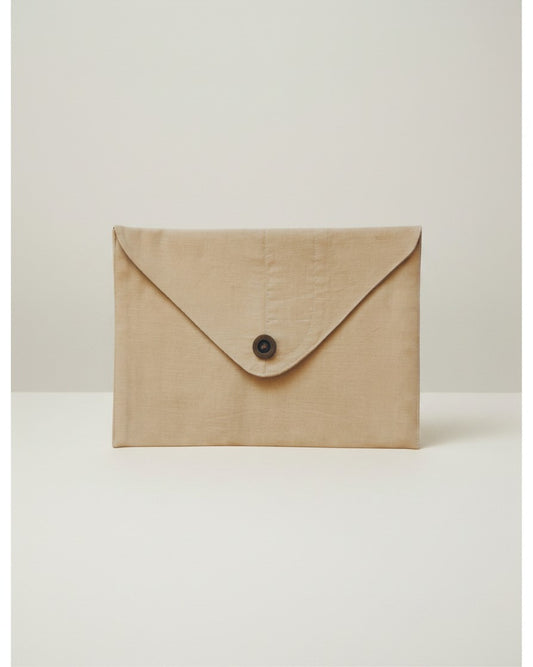 Hue Labs Sage Kiss envelope clutch bag in beige upcycled textile with a magnetic snap closure