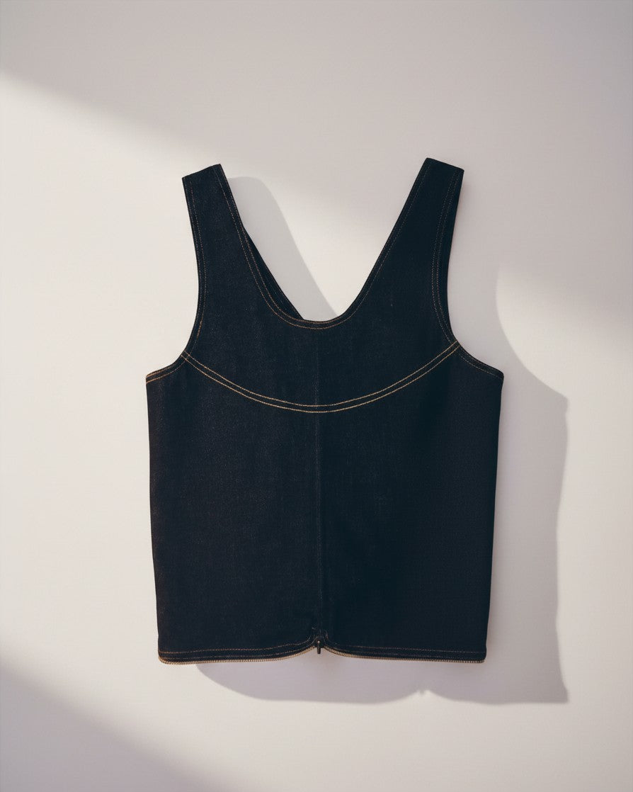 Hue Labs reversible black denim vest bag with gun metal zipper, handcrafted from upcycled materials.