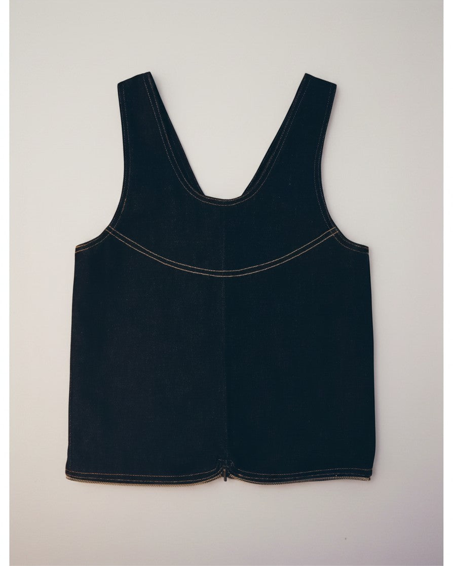 Hue Labs reversible black denim vest bag made from upcycled materials with a silver metal zipper