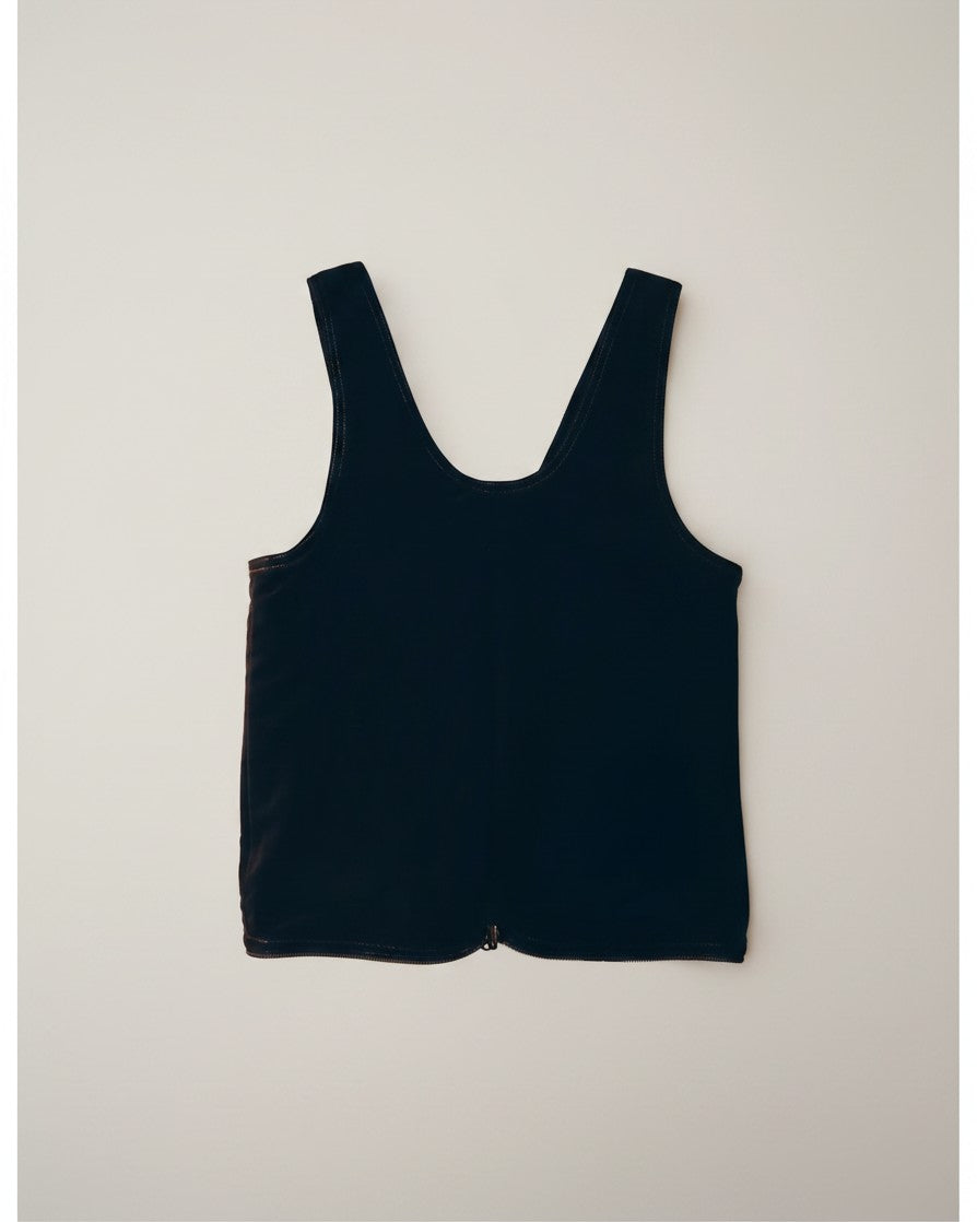 Hue Labs reversible black denim vest bag made from upcycled materials with a silver metal zipper