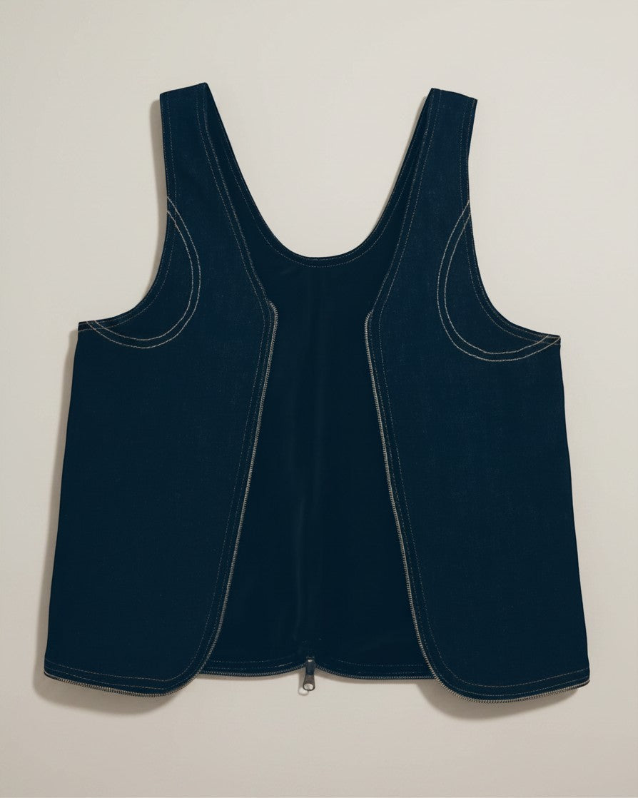 Hue Labs reversible blackout denim vest bag with gun metal zipper, handcrafted from upcycled materials.