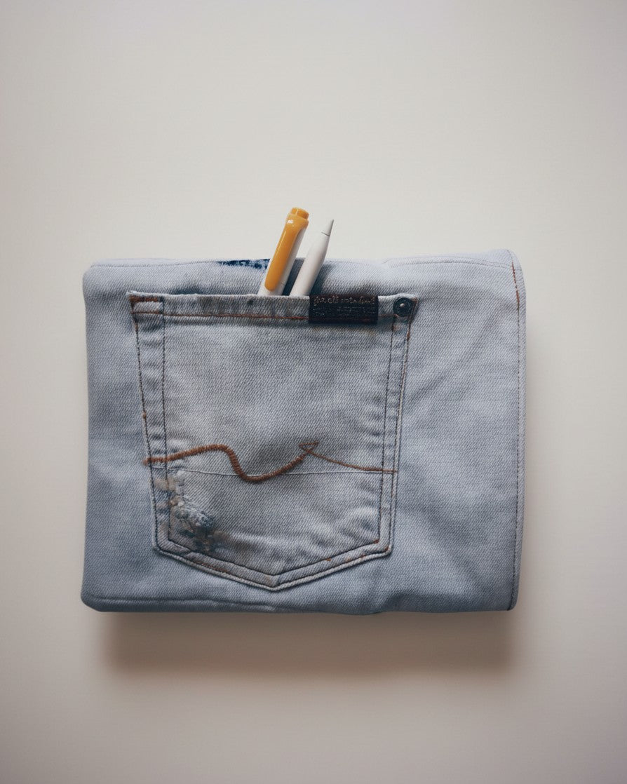 Hue Labs upcycled light wash denim envelope clutch with a functional back pocket holding two pens