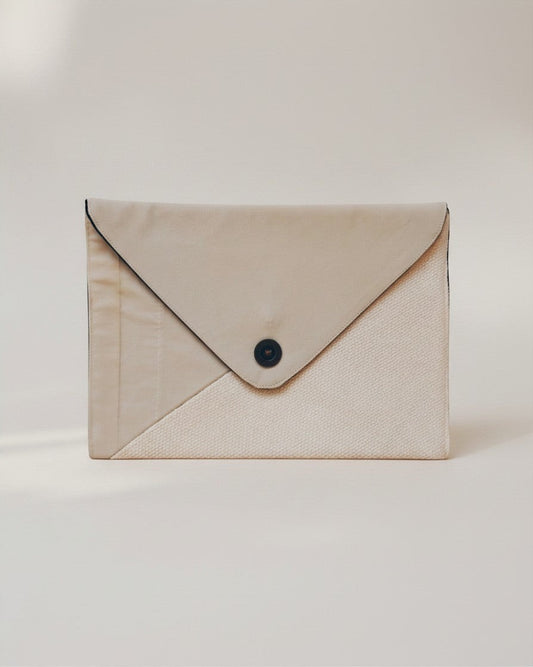 Hue Labs Earth Tones III envelope clutch in beige upcycled textile with a magnetic snap closure