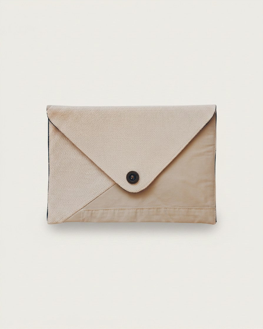 Hue Labs Earth Tones II envelope clutch bag in beige upcycled textile with a magnetic snap closure