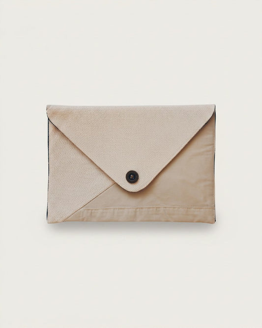 Hue Labs Earth Tones II envelope clutch bag in beige upcycled textile with a magnetic snap closure