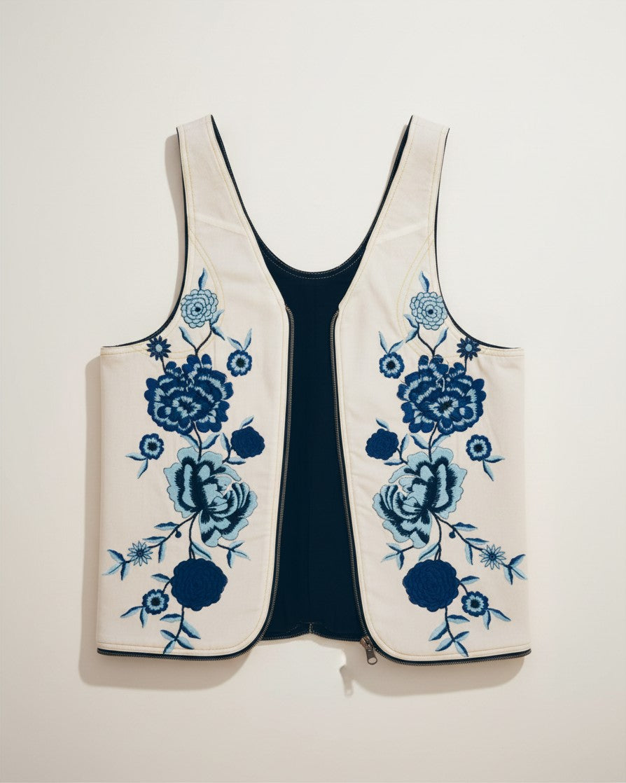Hue Labs reversible vest bag in white with blue floral embroidery, crafted from upcycled velvet and cotton fabric.