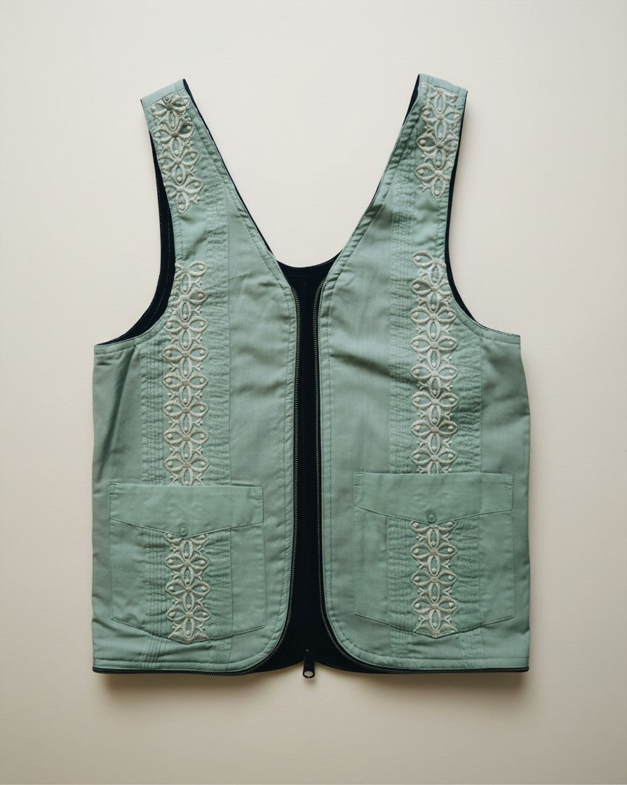 Hue Labs reversible green floral vest bag with intricate embroidery and a gun metal double direction zipper