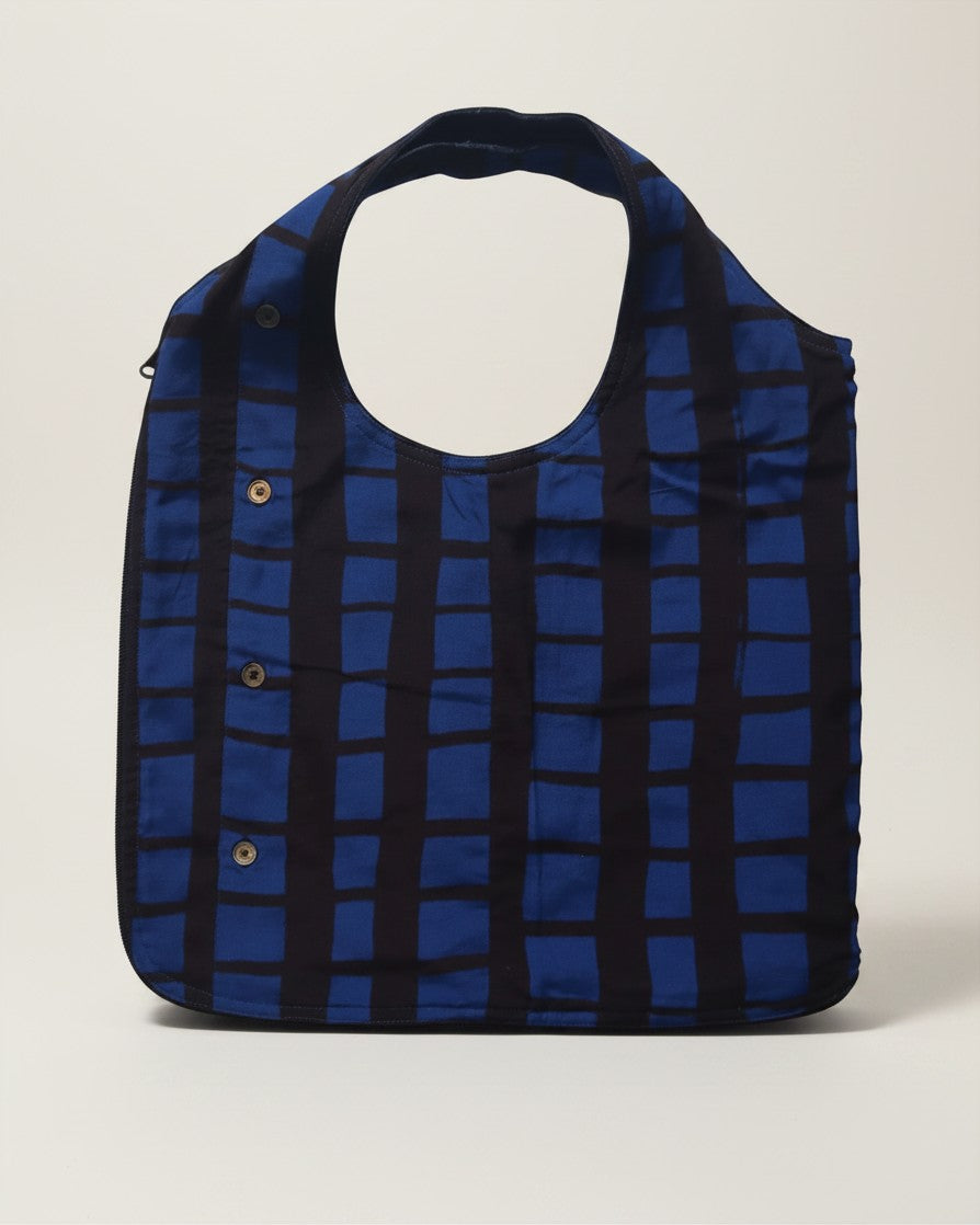 Hue Labs reversible grid blue vest bag made from upcycled materials with a gun metal zipper