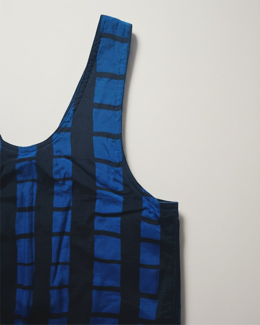 Hue Labs reversible grid blue vest bag made from upcycled materials with a sleeveless design