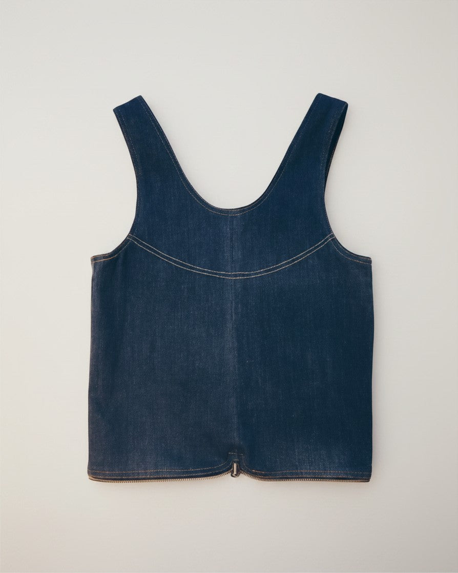 Hue Labs medium wash denim vest bag made from upcycled materials with a gun metal double direction zipper