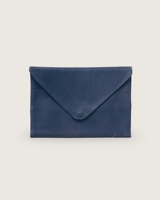 Hue Labs Midnight envelope clutch made from upcycled navy blue cotton with a seamless magnetic snap closure.