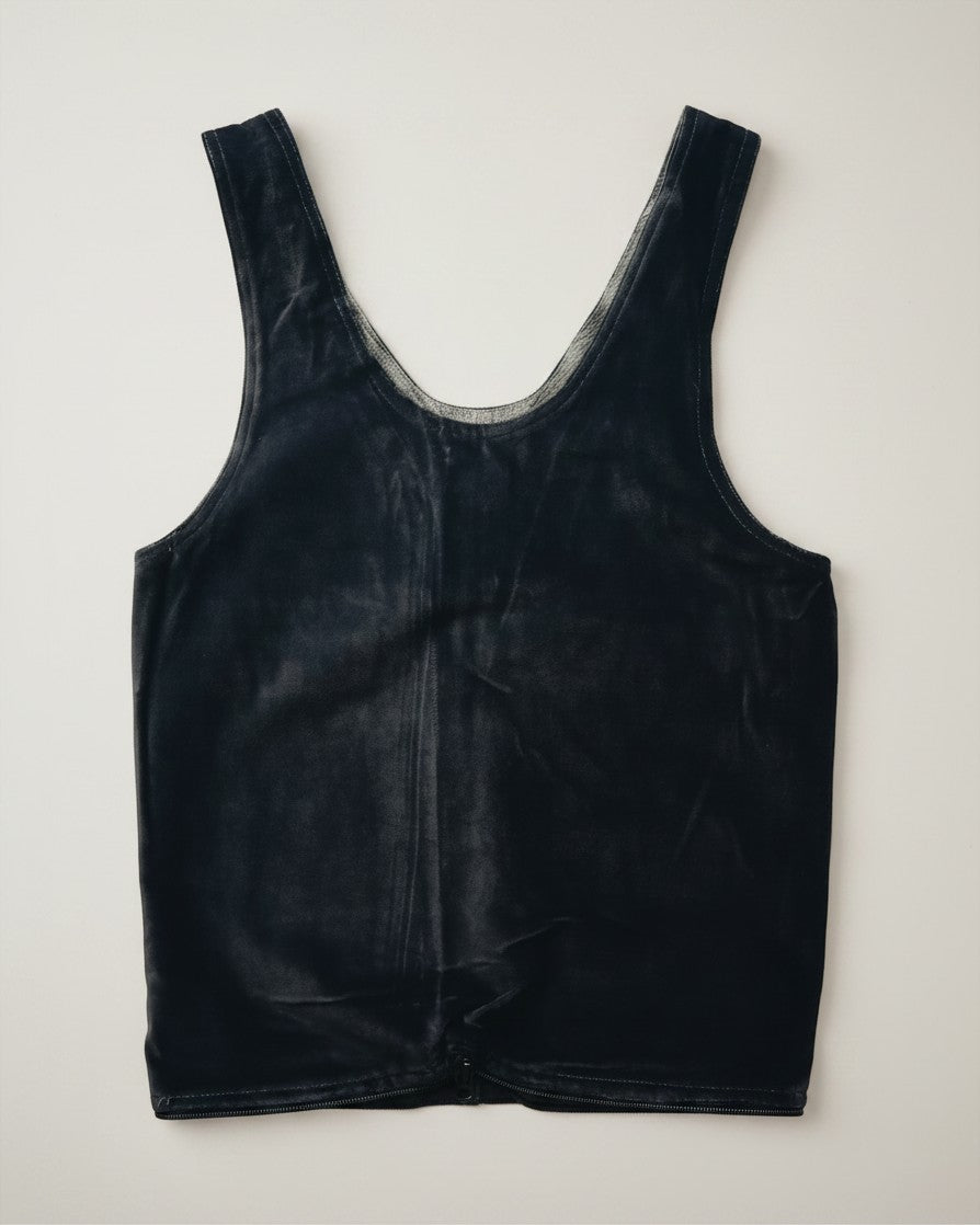 Hue Labs reversible olive vest bag made from upcycled materials with a gun metal zipper, shown in black.