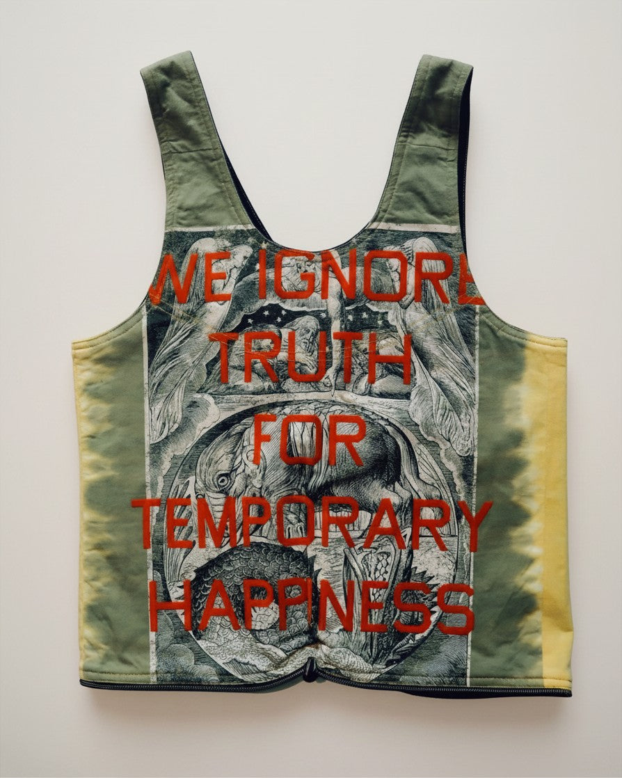 Hue Labs Piña Colada reversible vest bag in olive green with graphic print and red text on upcycled fabric