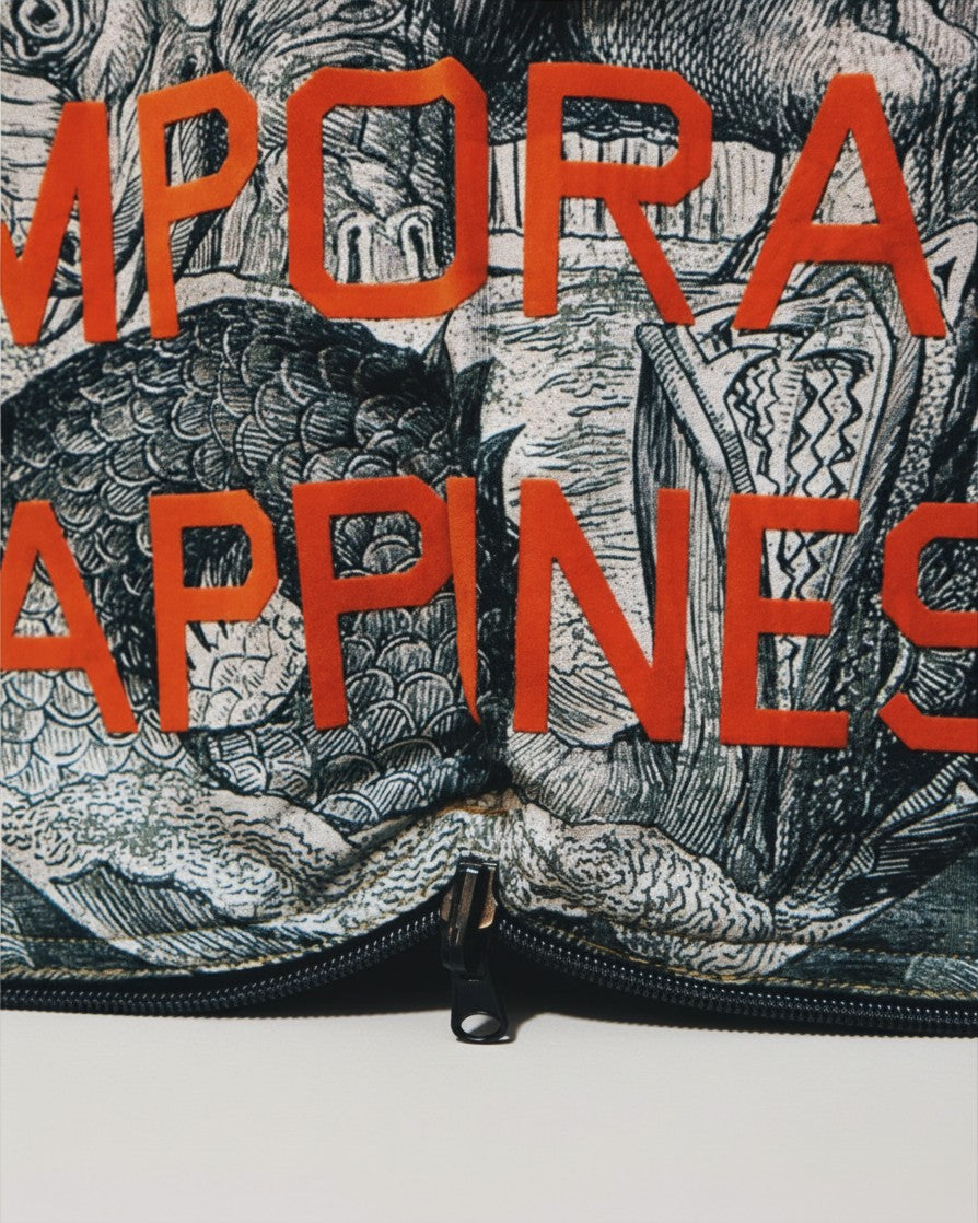Hue Labs Piña Colada reversible vest bag featuring a detailed fish scale print and bold orange lettering.