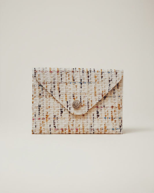 Hue Labs Popsicle envelope clutch made from upcycled multi-colored tweed textile with a magnetic snap closure.
