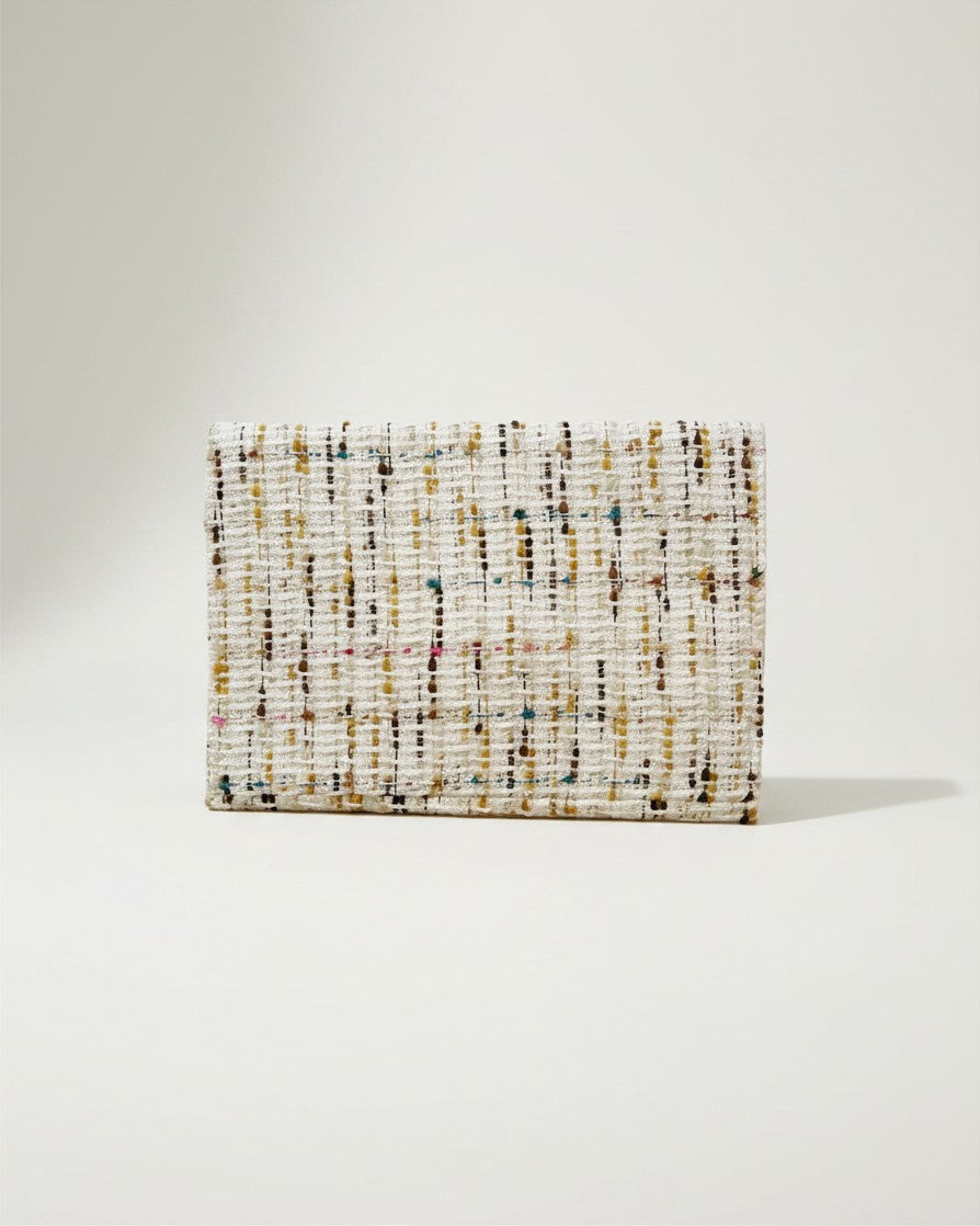Hue Labs Popsicle envelope clutch in cream textured upcycled fabric with colorful woven accents