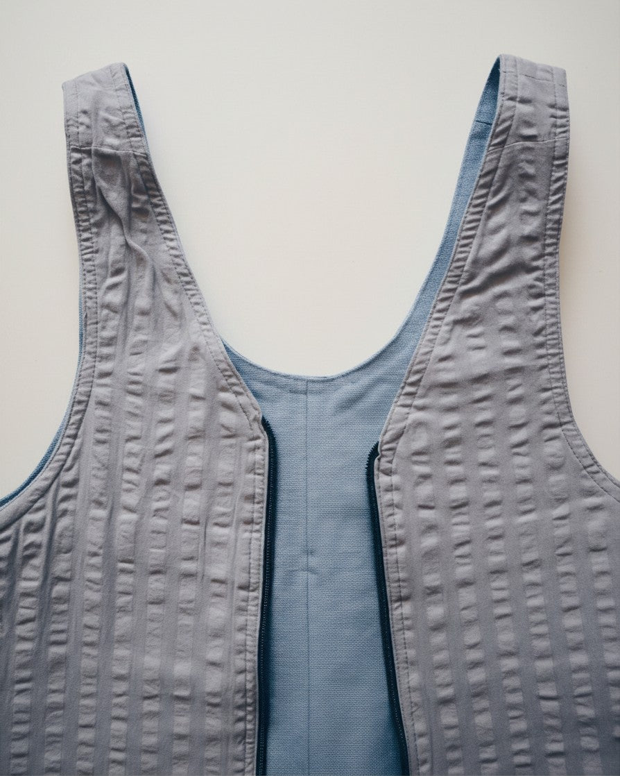 Hue Labs reversible baby blue vest bag made from upcycled fabric with a gun metal silver zipper
