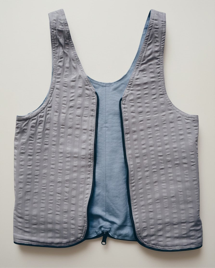 Hue Labs reversible baby blue vest bag made from upcycled materials with a gun metal double direction zipper