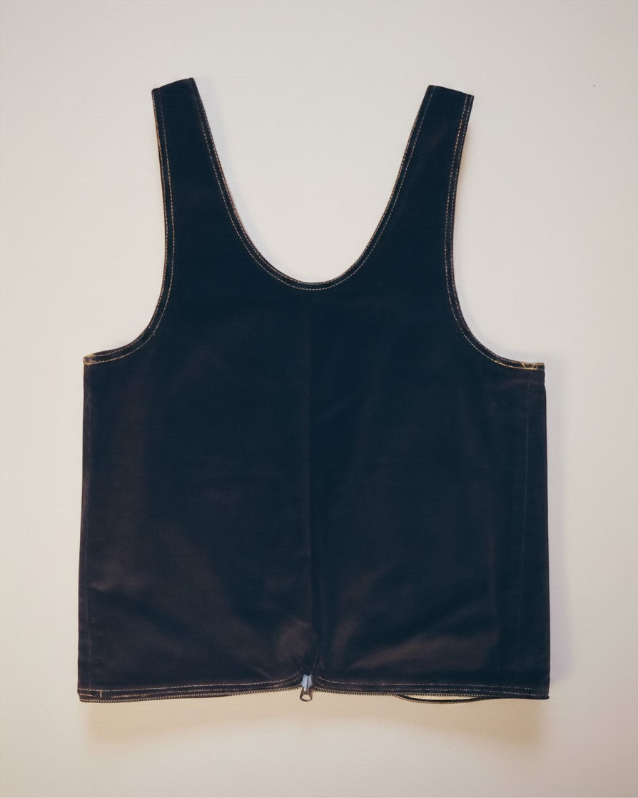 Hue Labs reversible vest bag in black velvet with silver zipper, handcrafted from upcycled materials.