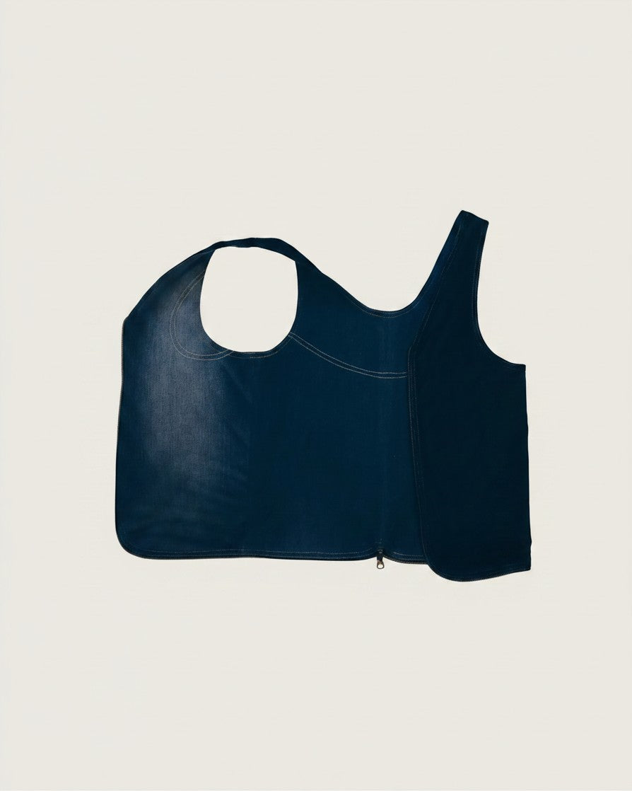Hue Labs reversible medium wash denim vest bag with a gun metal zipper, handcrafted from upcycled materials.