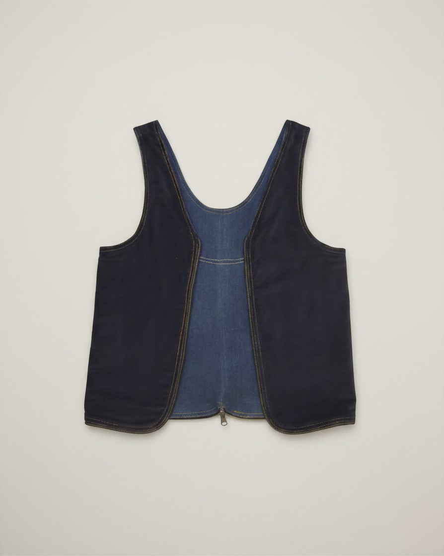 Hue Labs reversible medium wash denim vest bag with gun metal zipper, handcrafted from upcycled materials.