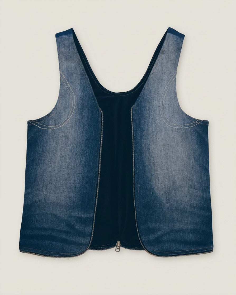 Hue Labs reversible medium wash denim vest bag with a gun metal silver zipper made from upcycled materials