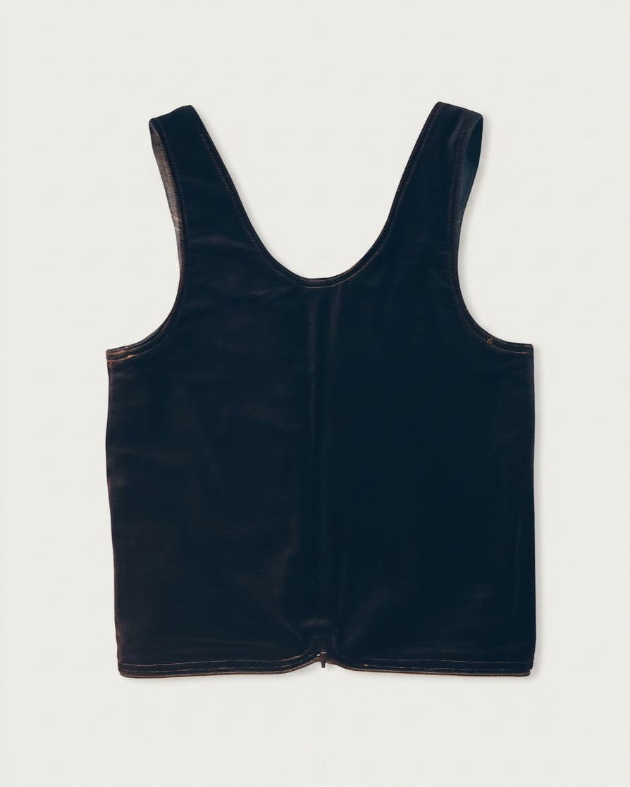 Hue Labs reversible medium wash denim vest bag in dark navy, featuring a gun metal double direction silver zipper.