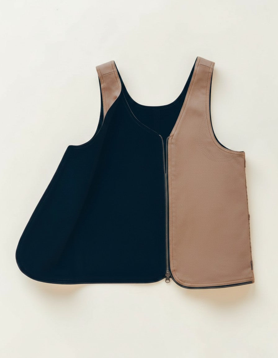 Hue Labs reversible khaki and black upcycled vest bag with a gun metal double direction zipper.