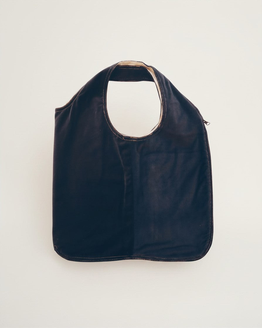 Hue Labs reversible vest bag in dark velvet, handcrafted from upcycled materials with a silver metal zipper.