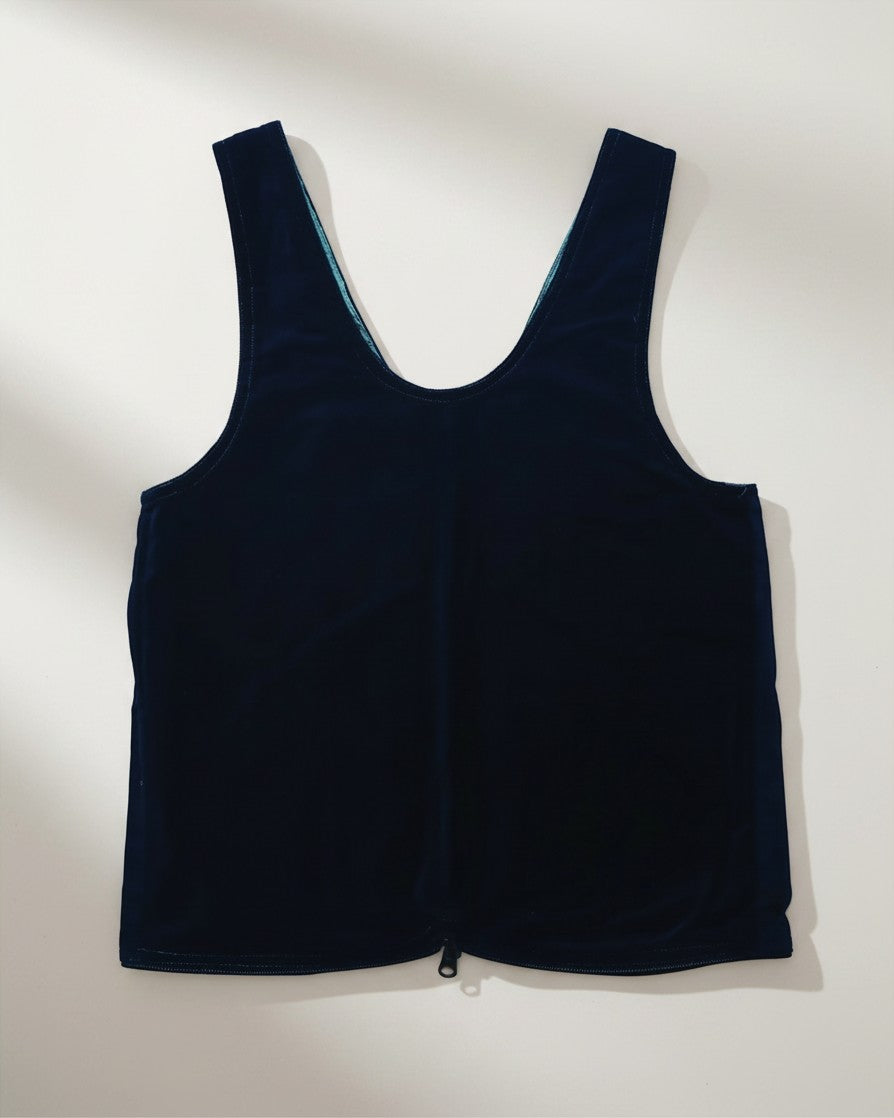 Hue Labs reversible vest bag in dark navy, handcrafted from upcycled materials with a gun metal silver zipper.