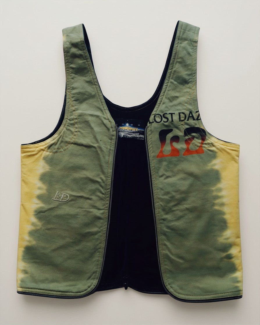 Hue Labs reversible vest bag in green and yellow tie-dye upcycled fabric with a gun metal double direction zipper.