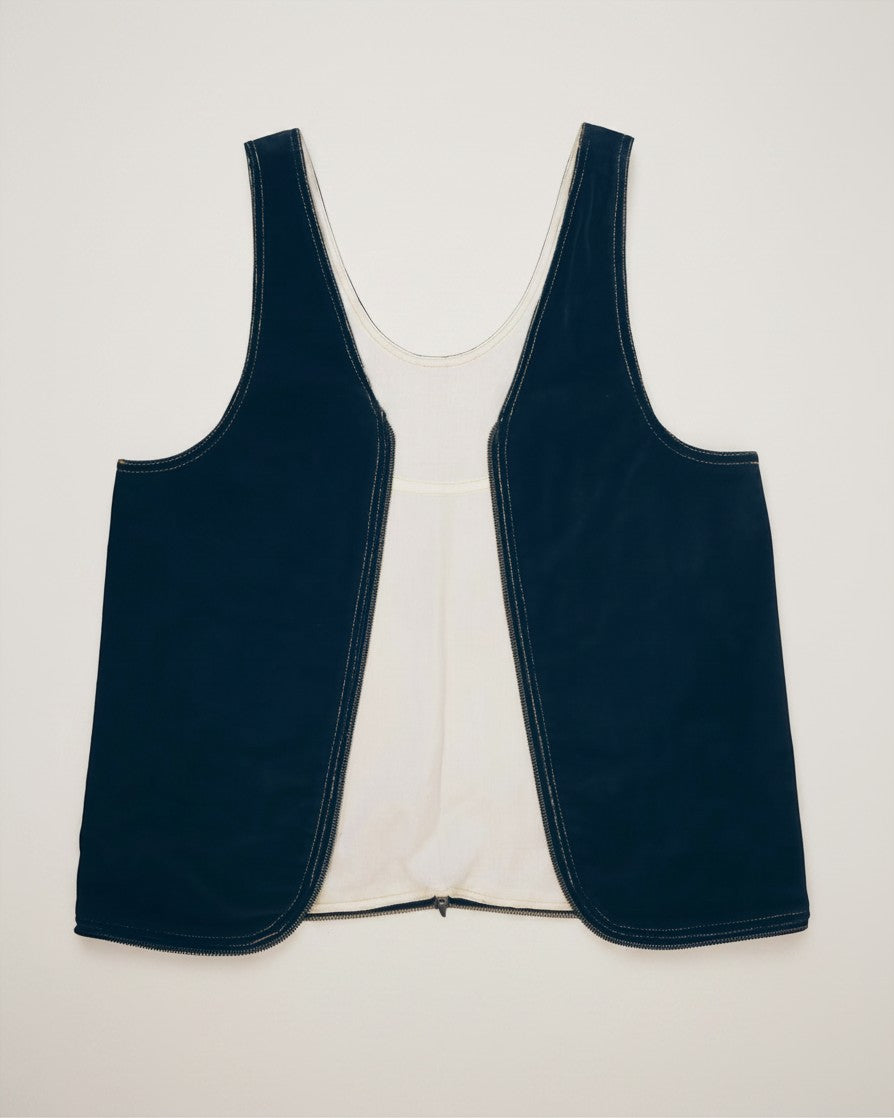 Hue Labs reversible vest bag in dark navy and cream, handcrafted from upcycled velvet and fabric with a metal zipper.