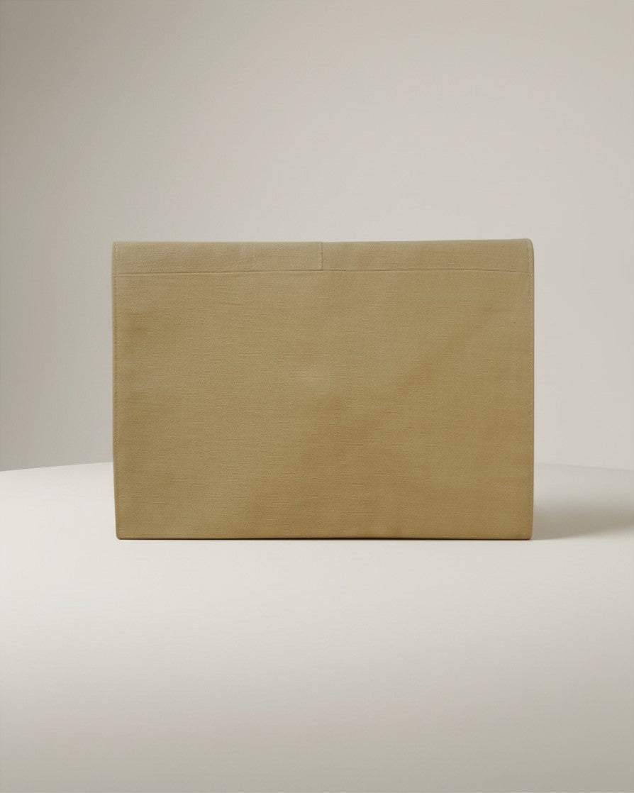 Hue Labs Sage Kiss envelope clutch bag in sage green upcycled textile with a minimalist magnetic snap design.