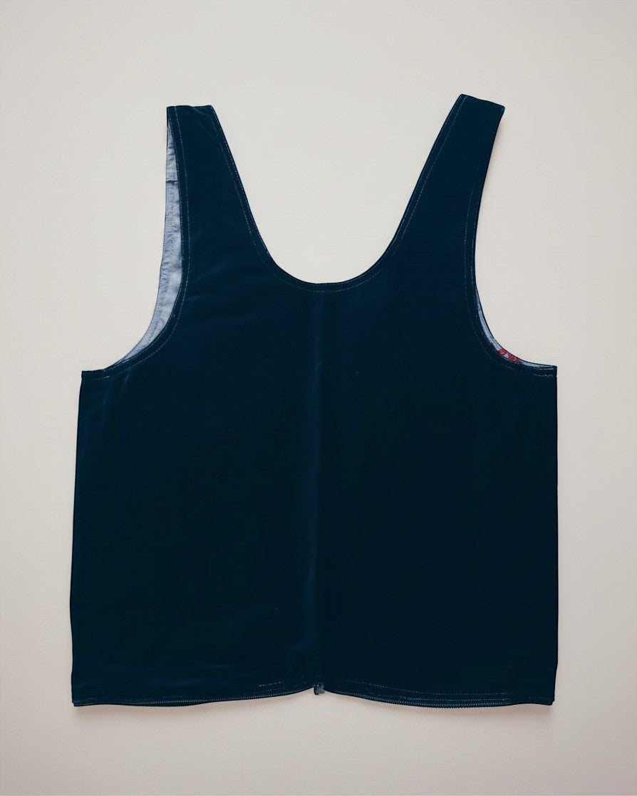 Hue Labs Sun Valley reversible vest bag in dark navy velvet with a gun metal zipper, handcrafted upcycled design.