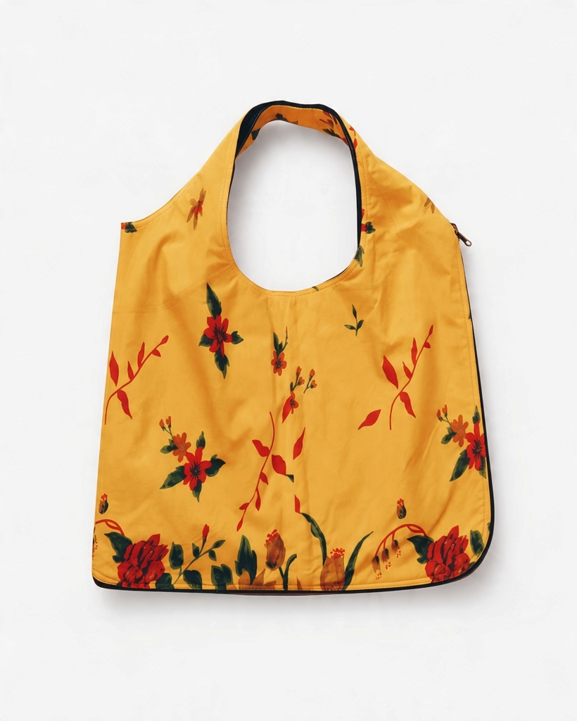 Hue Labs Sunshine Vest Bag in yellow with floral print, handcrafted from upcycled materials with a silver metal zip.