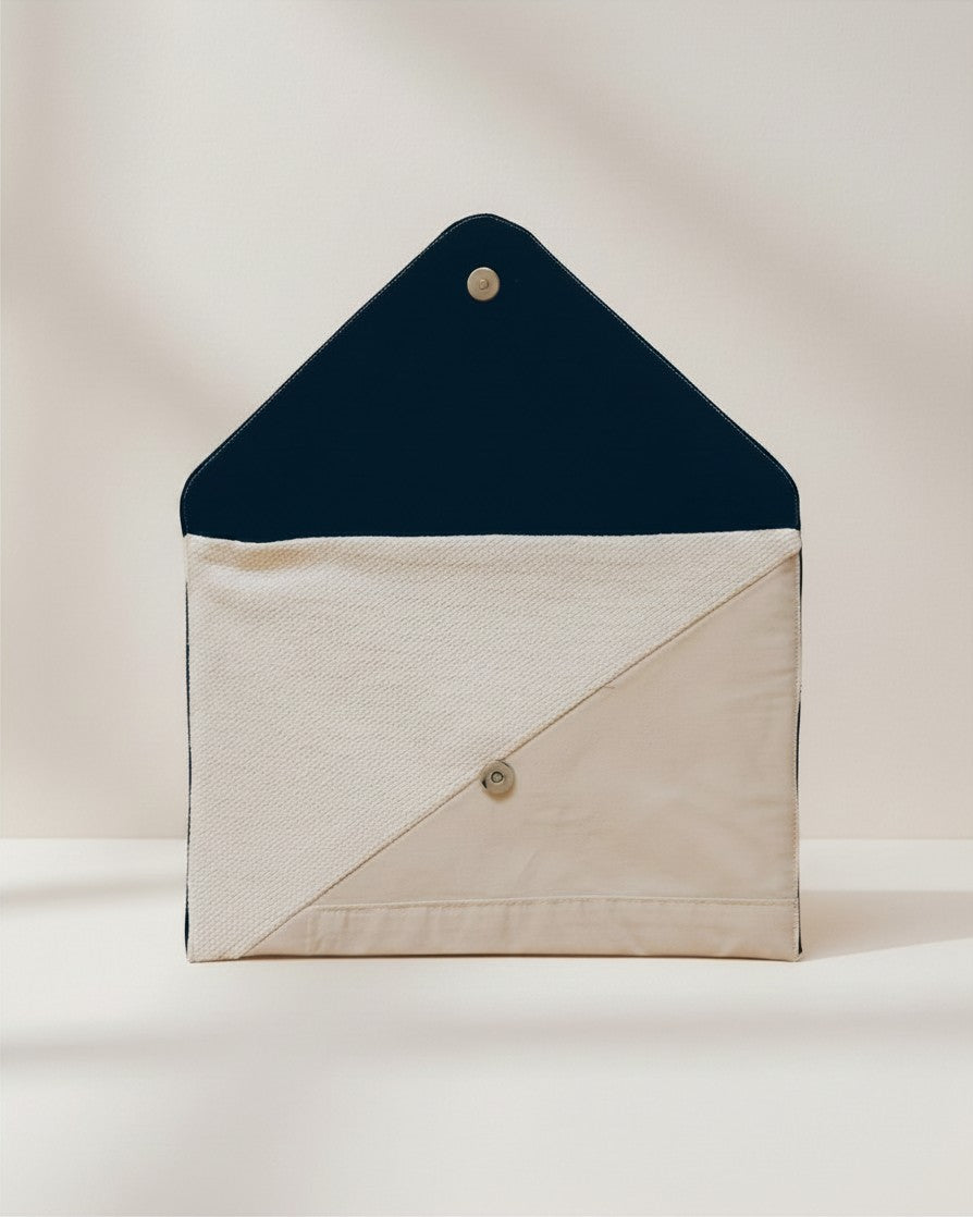 Hue Labs Earth Tones II envelope clutch made from upcycled textiles with a magnetic snap and two-tone design.